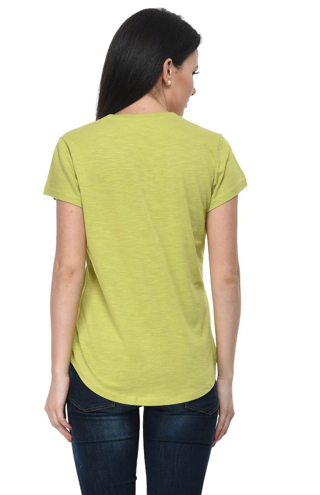 Picture of Frenchtrendz Cotton Slub Lime V-Neck short Sleeve Long Length Top