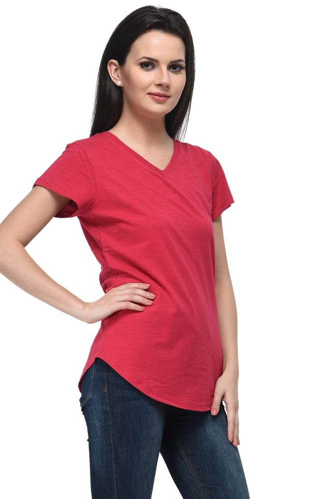 Picture of Frenchtrendz Cotton Slub Swe Pink V-Neck short Sleeve Long Length Top