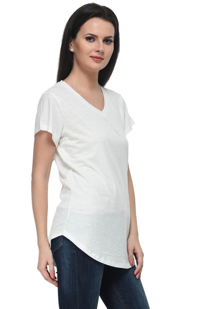 Picture of Frenchtrendz Cotton Slub Ivory V-Neck short Sleeve Long Length TOP