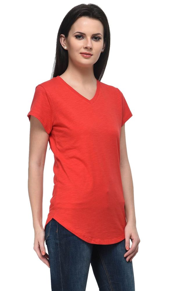 Picture of Frenchtrendz Cotton Slub Red V-Neck short Sleeve Long Length Top