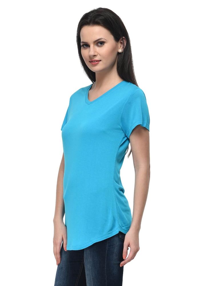 Picture of Frenchtrendz Viscose Turq V-Neck short Sleeve Long Length Top