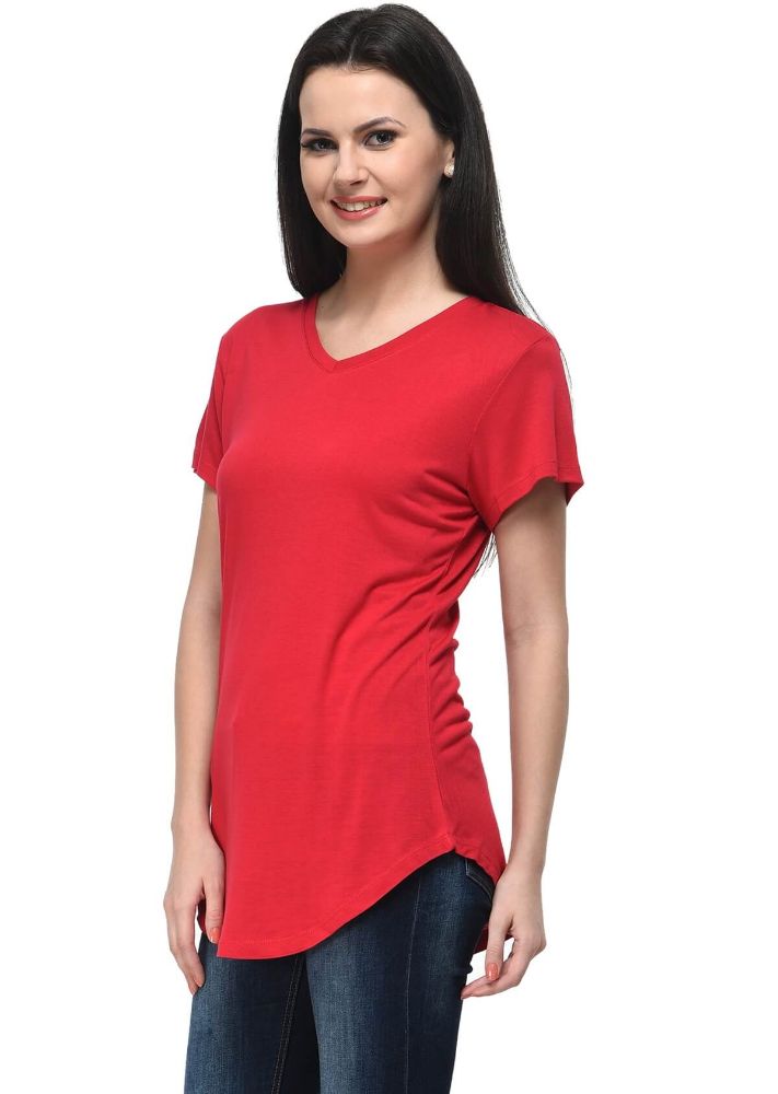 Picture of Frenchtrendz Viscose Red V-Neck short Sleeve Long Length Top