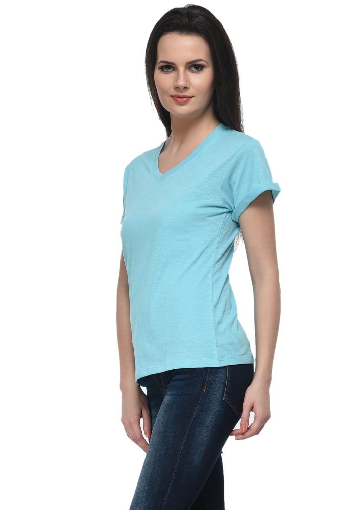 Picture of Frenchtrendz Cotton Slub Turquish V-Neck short Sleeve Medium Length T-Shirt