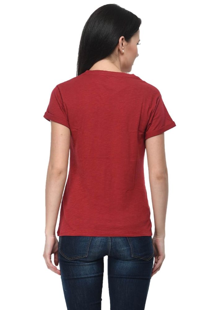 Picture of Frenchtrendz Cotton Slub Maroon V-Neck short Sleeve Medium Length T-Shirt