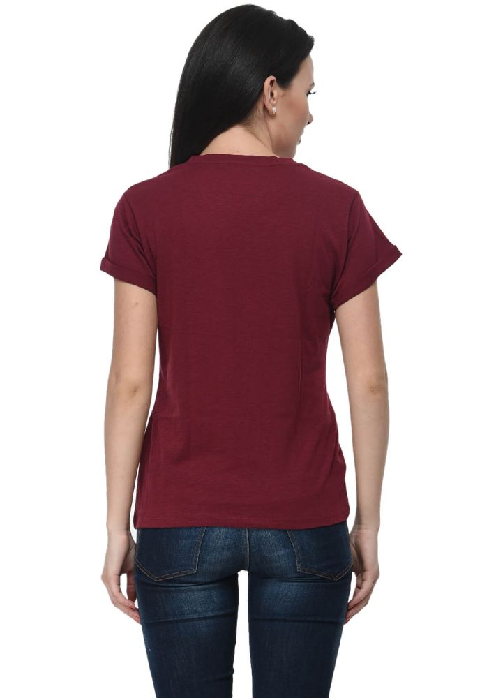 Picture of Frenchtrendz Cotton Slub Dark Maroon V-Neck short Sleeve Medium Length T-Shirt
