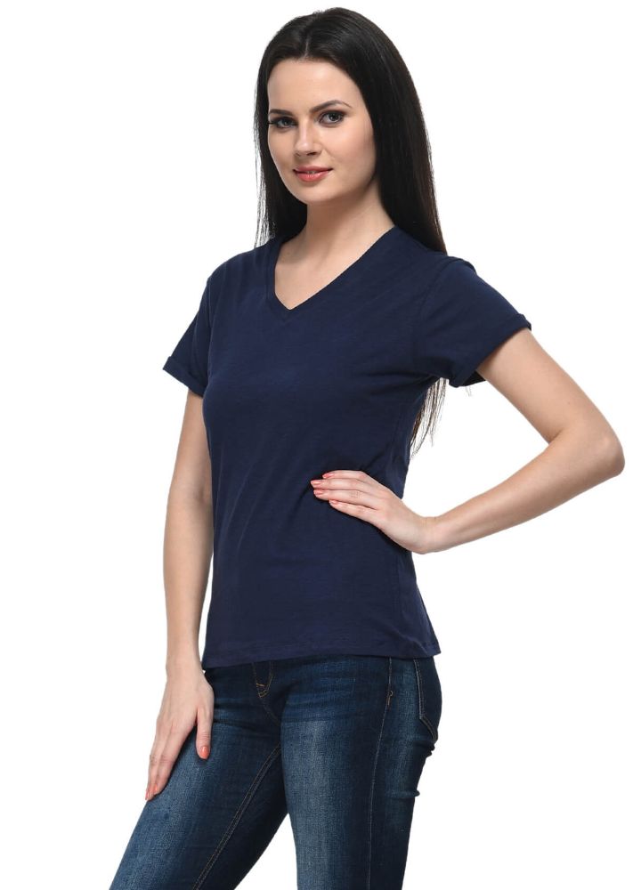 Picture of Frenchtrendz Cotton Slub Navy V-Neck short Sleeve Medium Length T-Shirt