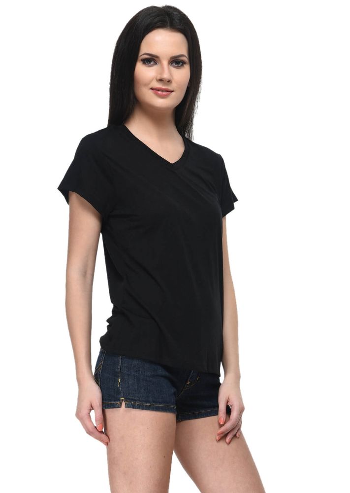 Picture of Frenchtrendz Poly Viscose Black V-Neck Half Sleeve Medium Length T-Shirt