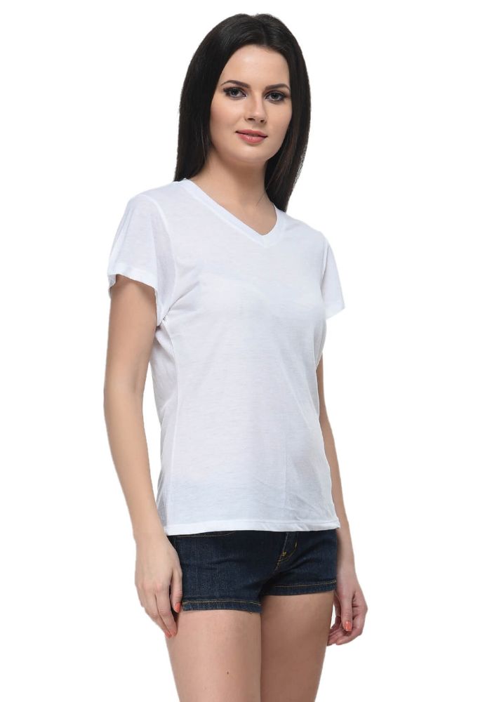Picture of Frenchtrendz Poly Viscose White V-Neck Half Sleeve Medium Length T-Shirt