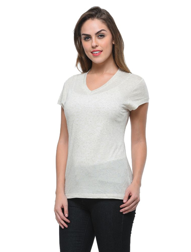 Picture of Frenchtrendz Viscose Oatmeal V-Neck short Sleeve Medium Length Top