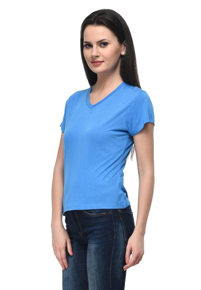 Picture of Frenchtrendz Viscose Blue V-Neck Half Sleeve Short Length T-Shirt