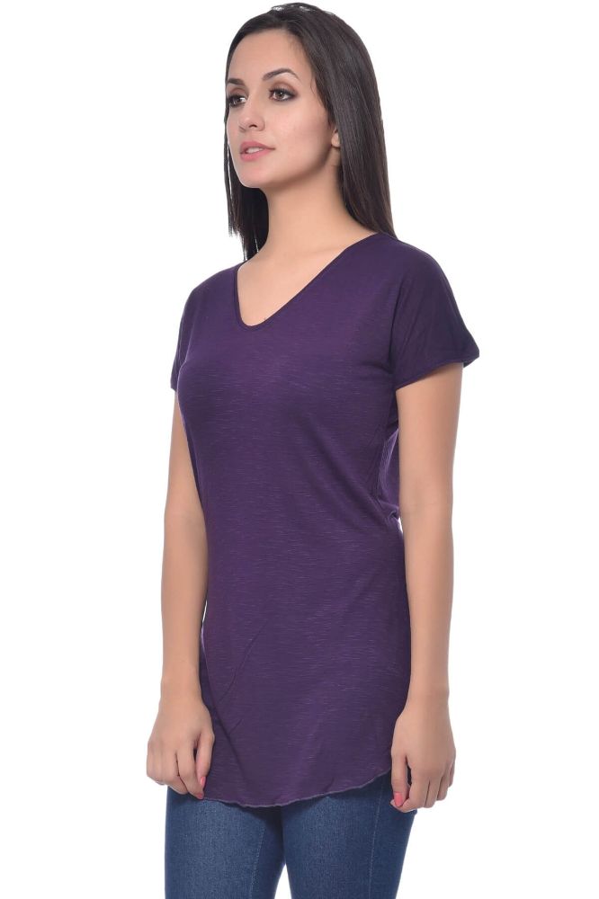 Picture of Frenchtrendz Viscose Slub Purple V-Neck short Sleeve Long Length Top