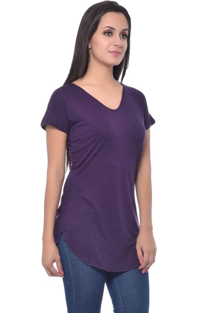 Picture of Frenchtrendz Viscose Slub Purple V-Neck short Sleeve Long Length Top