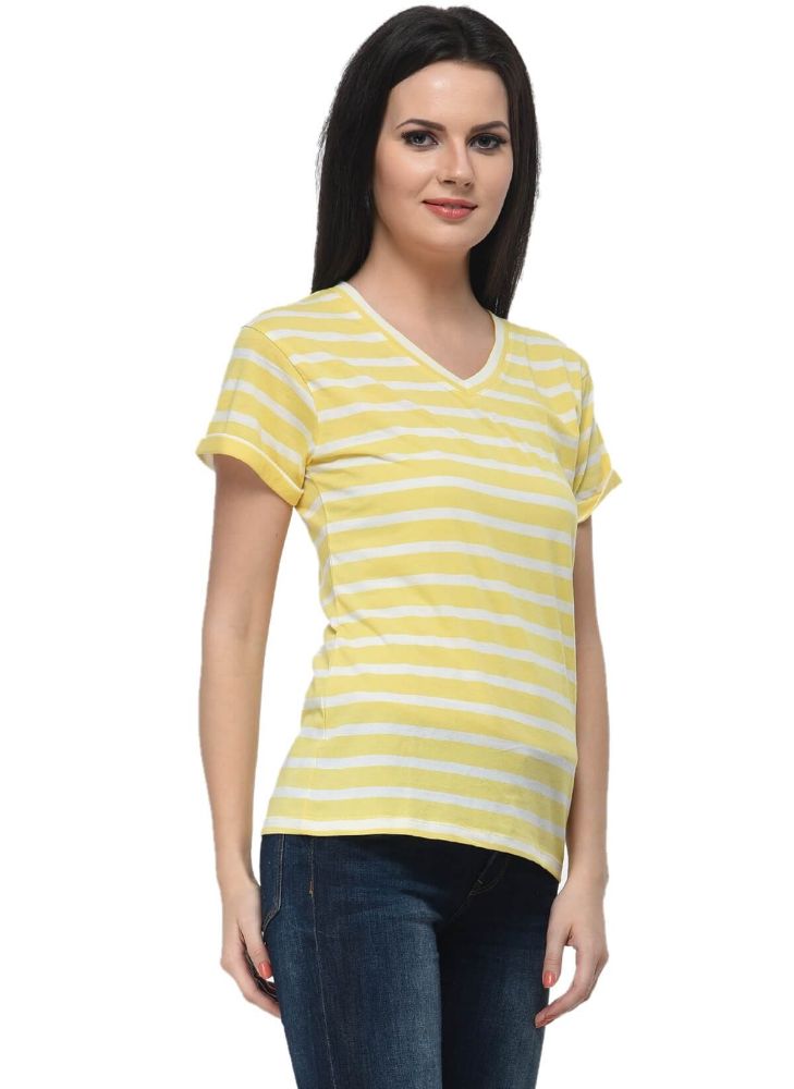 Picture of Frenchtrendz Cotton Yellow White V-Neck Rolled Half Sleeve Strip Medium Length Top