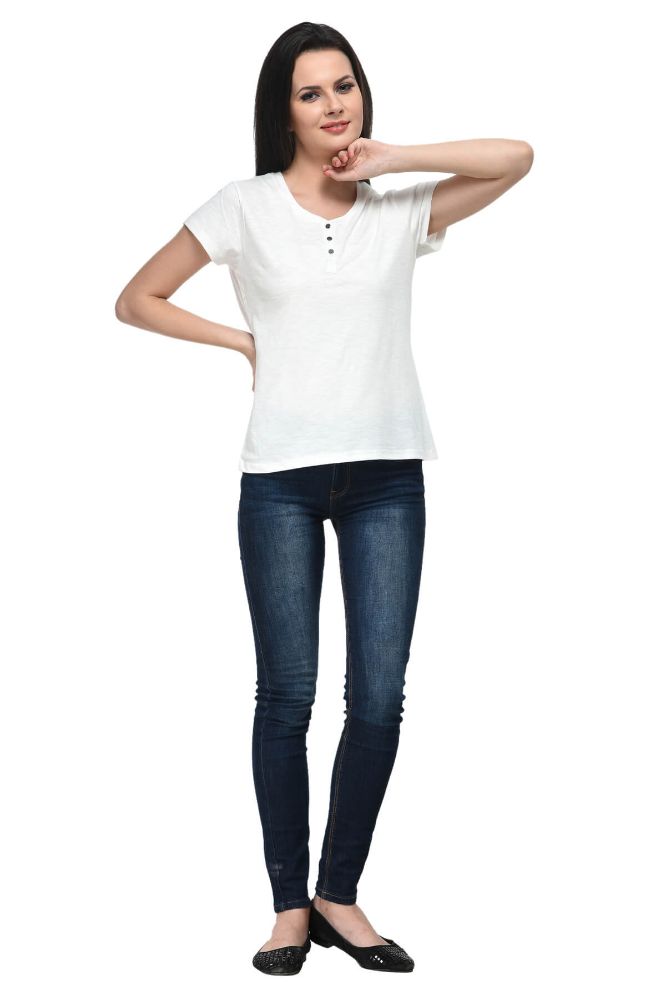 Picture of Frenchtrendz Cotton Slub Ivory Henley neck short Sleeve Top