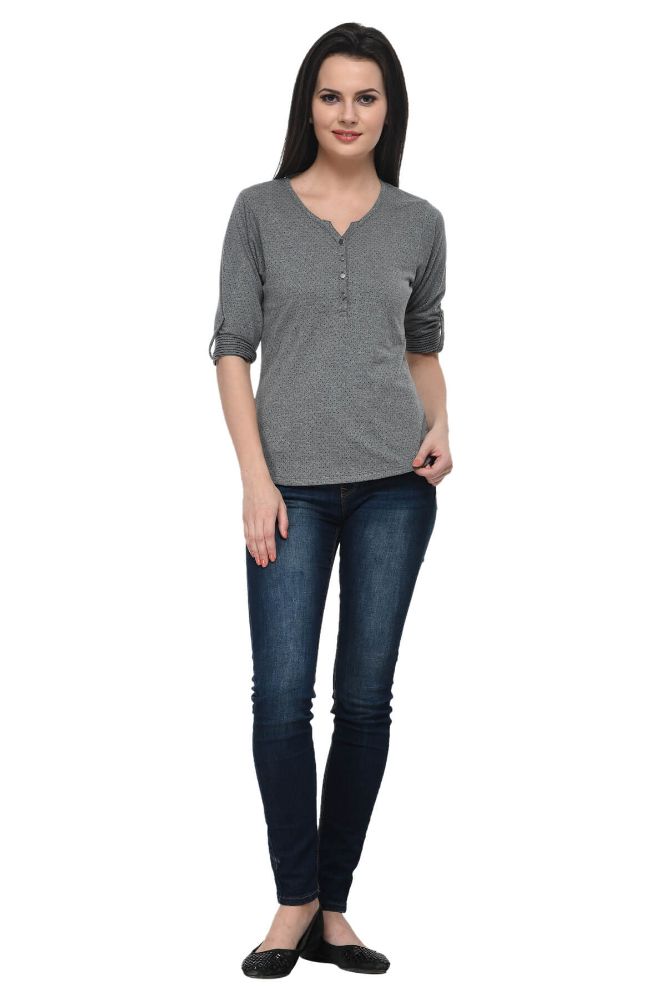 Picture of Frenchtrendz Cotton Poly Grey Henley Neck 3/4 Sleeve T-Shirt