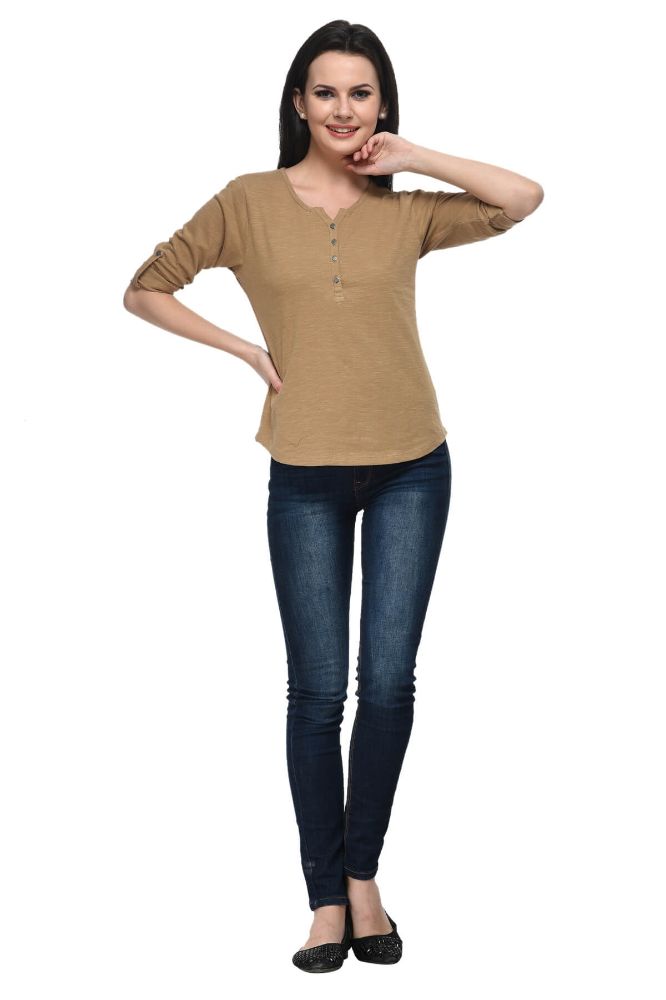 Picture of Frenchtrendz Cotton Slub Camel Henley Neck 3/4 Sleeve Top