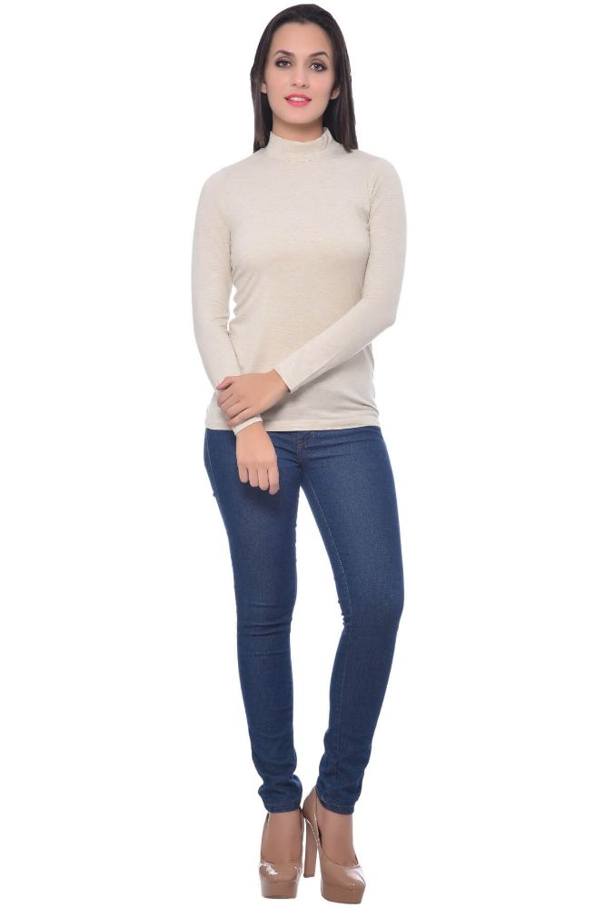 Picture of Frenchtrendz Viscose Spandex Oatmeal Highneck Full Sleeve T-Shirt