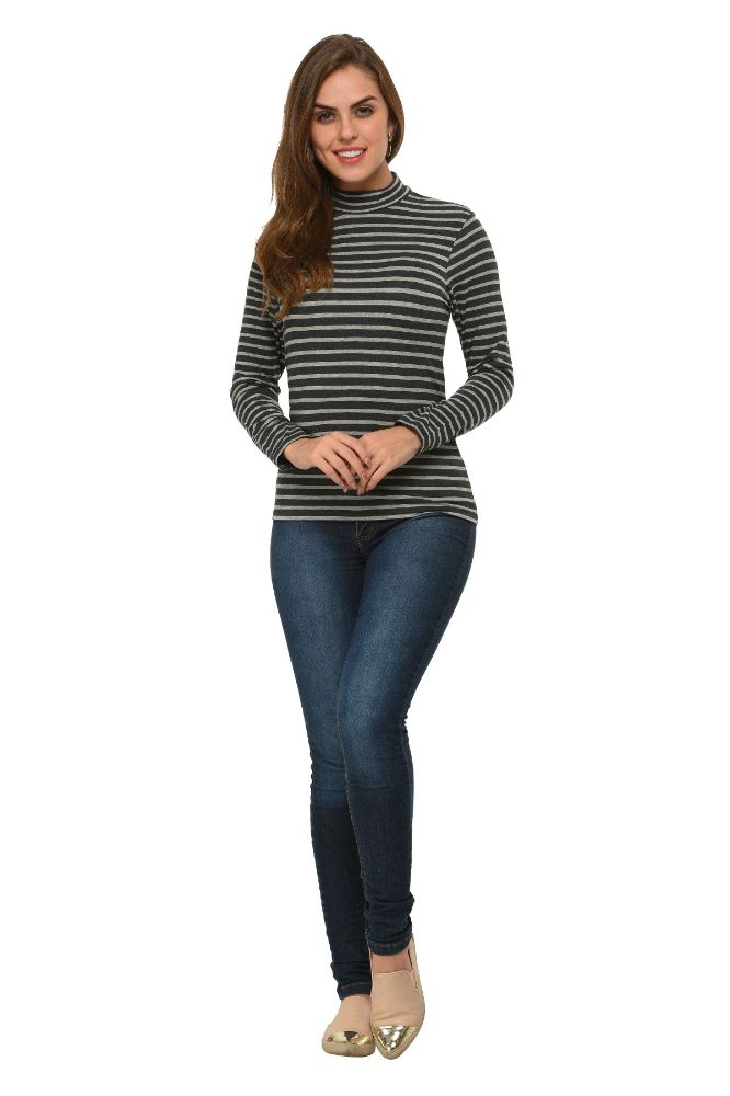 Picture of Frenchtrendz Viscose Spandex Charcoal Grey Highneck Full Sleeve T-Shirt