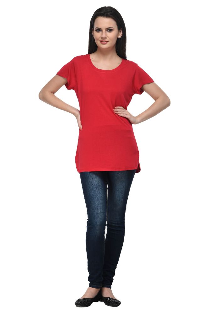 Picture of Frenchtrendz Viscose Red Round Neck Long Length short Sleeve Top