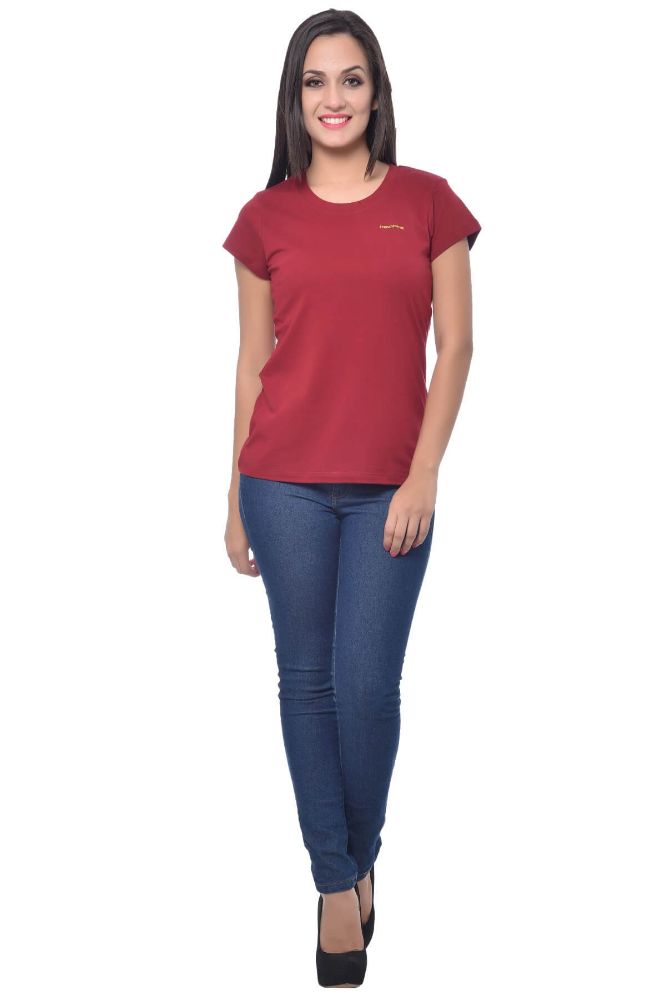 Picture of Frenchtrendz Cotton Maroon Round Neck Half Sleeve Medium Length T-Shirt