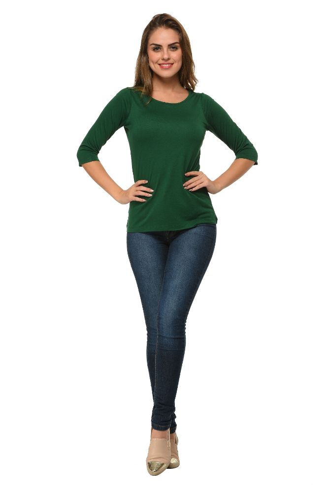 Picture of Frenchtrendz Viscose Dark Green Bateu Neck 3/4 Sleeve Top