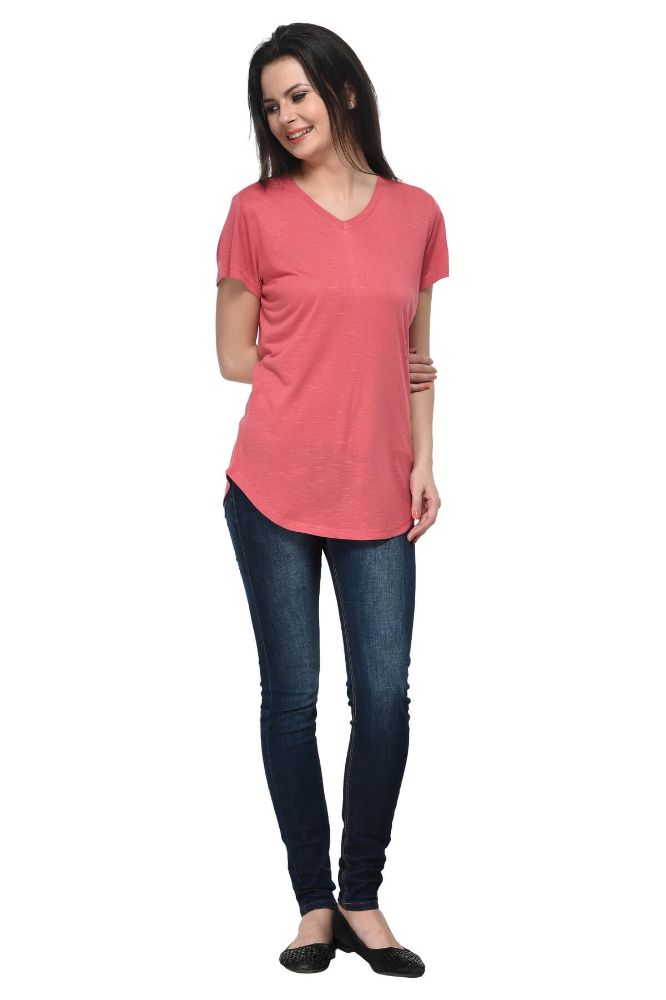 Picture of Frenchtrendz Viscose Slub Coral V-Neck short Sleeve Long Length Top