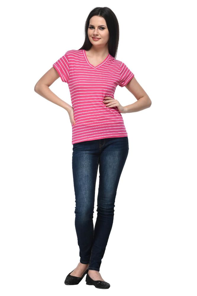 Picture of Frenchtrendz Cotton Pink White V-Neck Rolled Half Sleeve Strip Medium Length Top