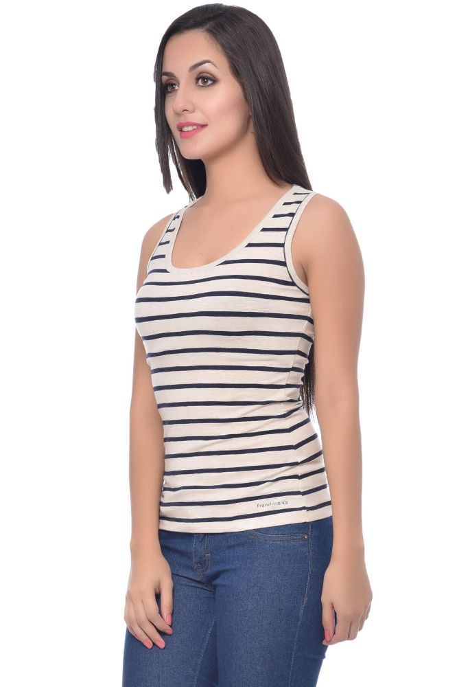 Picture of Frenchtrendz Cotton Spandex Oatmeal Navy Medium Length Stripe Tank Top