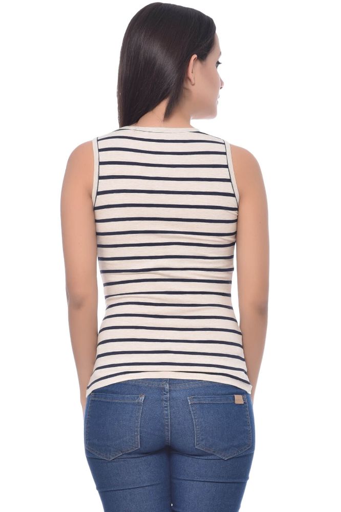 Picture of Frenchtrendz Cotton Spandex Oatmeal Navy Medium Length Stripe Tank Top