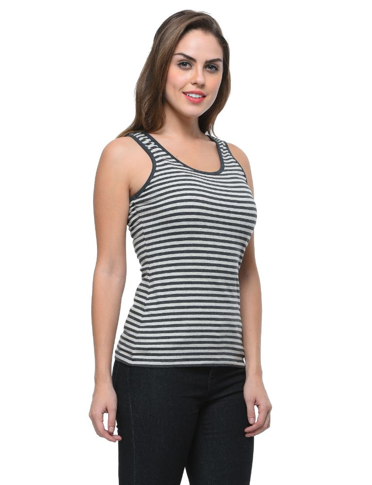 Picture of Frenchtrendz Cotton Spandex Charcoal Grey Medium Length Stripe Tank Tops