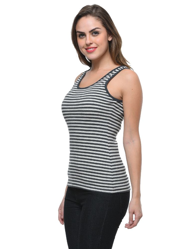 Picture of Frenchtrendz Cotton Spandex Charcoal Grey Medium Length Stripe Tank Tops
