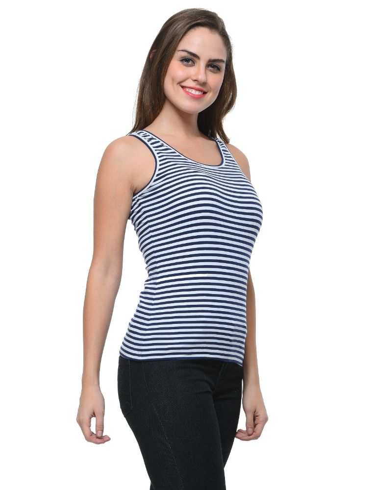 Picture of Frenchtrendz Cotton Spandex Navy White Medium Length Stripe Tank Top