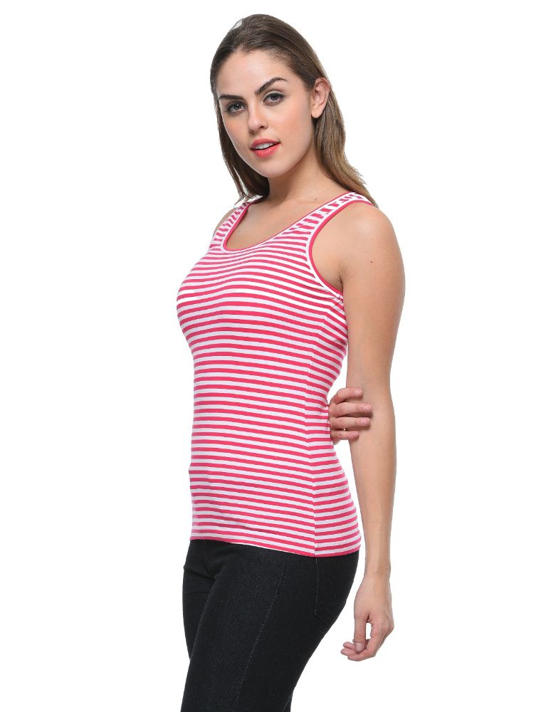 Picture of Frenchtrendz Cotton Spandex Pink White Medium Length Stripe Tank Top