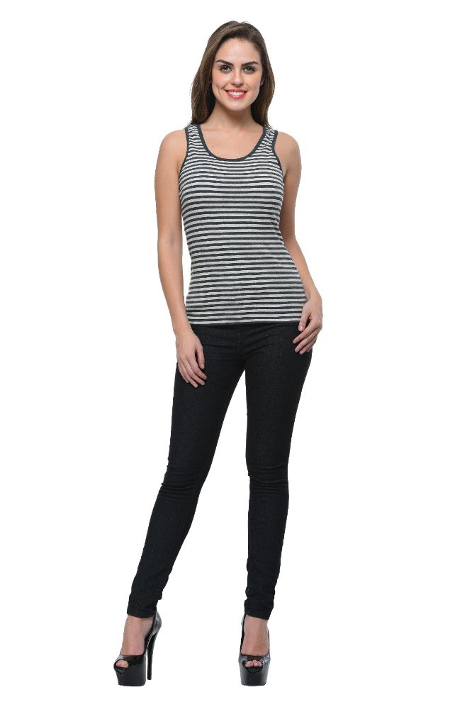 Picture of Frenchtrendz Cotton Spandex Charcoal Grey Medium Length Stripe Tank Top