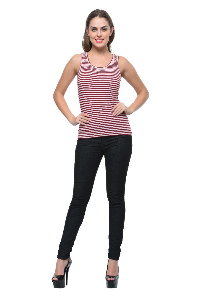 Picture of Frenchtrendz Cotton Spandex Maroon White Medium Length Stripe Tank Top