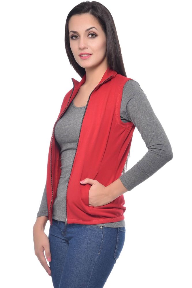 Picture of Frenchtrendz Poly Viscose Spandex Red Sleeveless Jacket