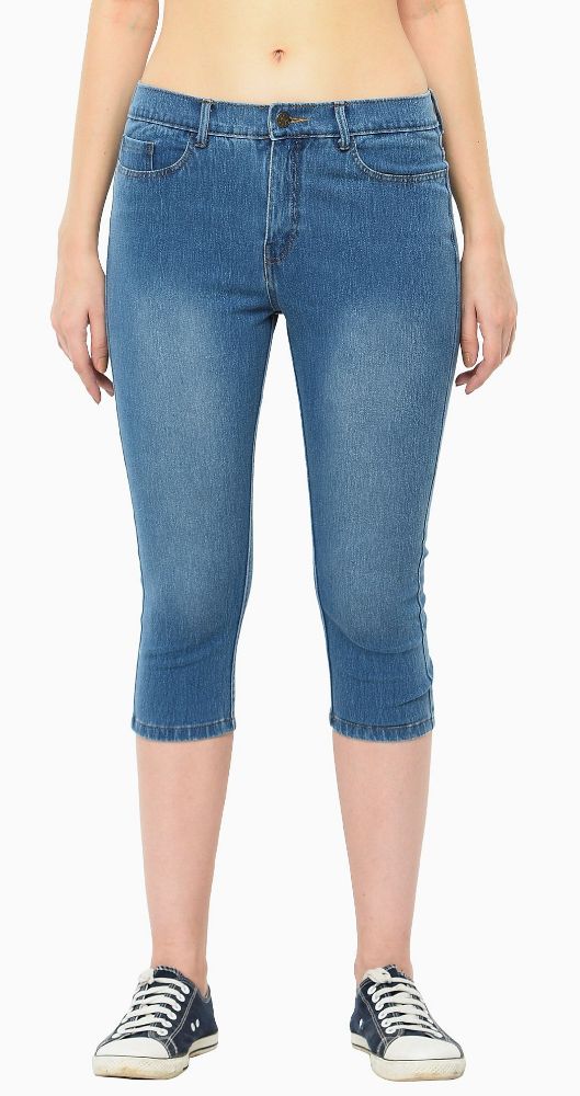 Picture of Frenchtrendz Cotton Viscose Spandex Indigo Wash Jeans Capri