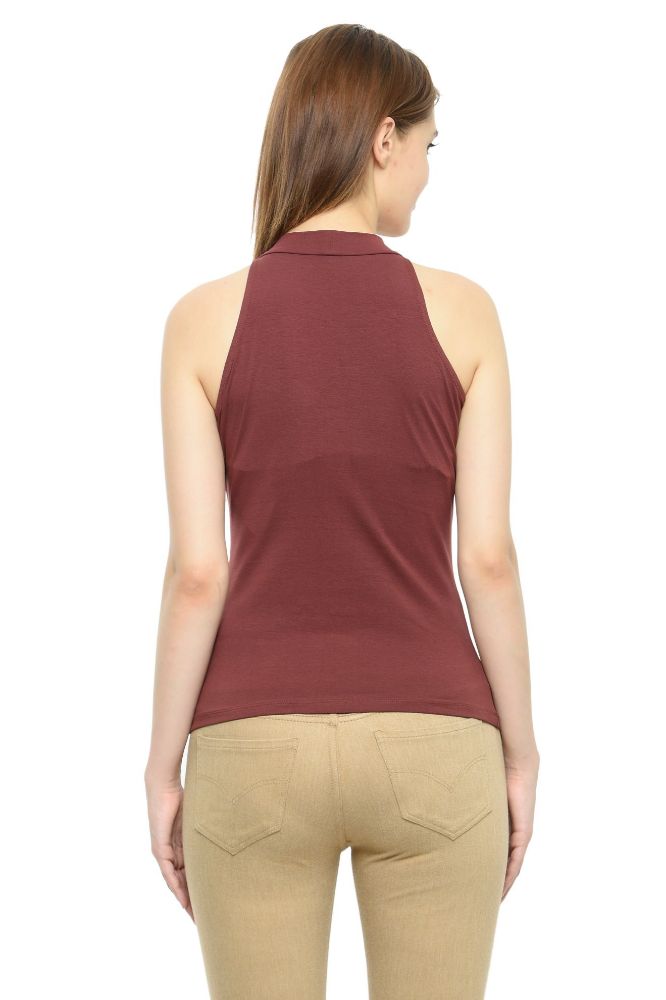 Picture of Frenchtrendz Cotton Spandex Brown Halter Neck Sleeveless Top