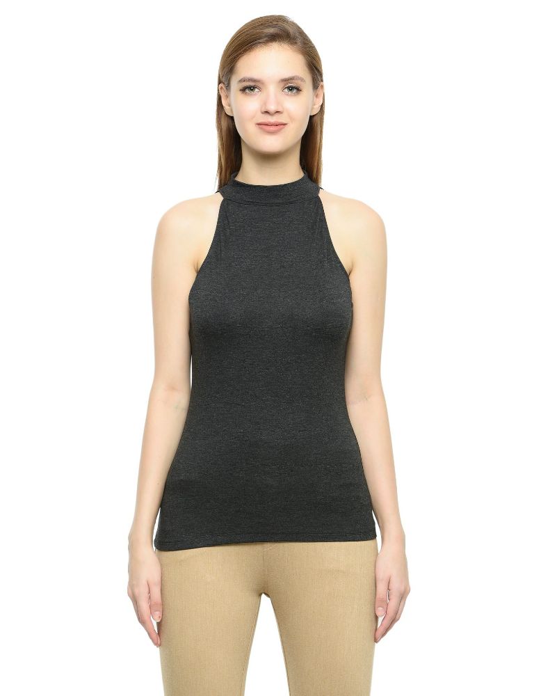 Picture of Frenchtrendz Cotton Spandex Charcoal Halter Neck Sleeveless Top
