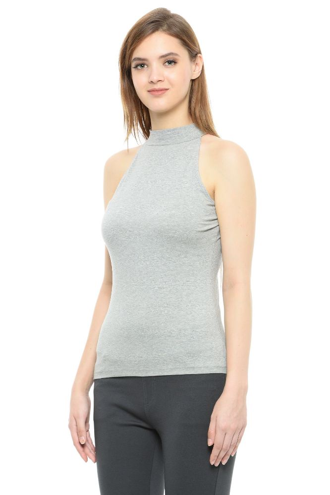 Picture of Frenchtrendz Cotton Spandex Grey Halter Neck Sleeveless Top