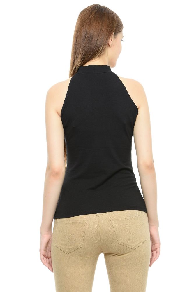 Picture of Frenchtrendz Cotton Spandex Black Halter Neck Sleeveless Top