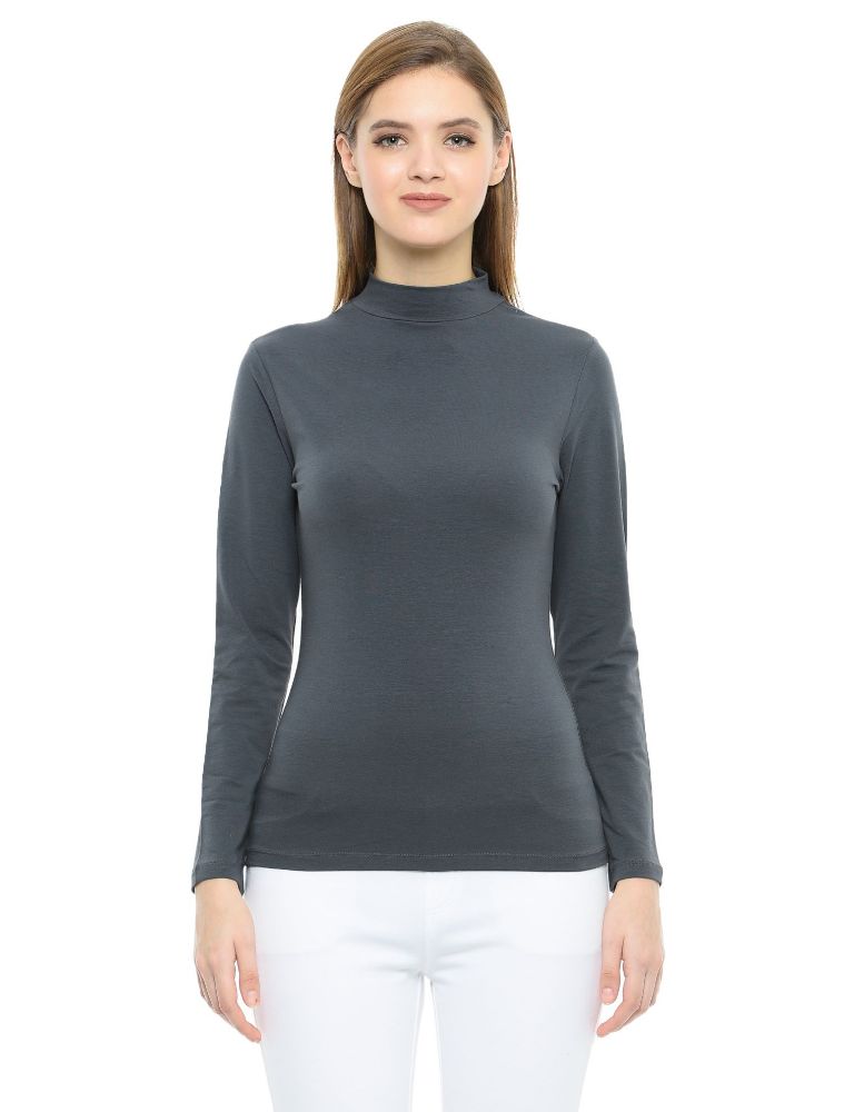 Picture of Frenchtrendz Cotton Spandex Slate mock neck Full Sleeve Top