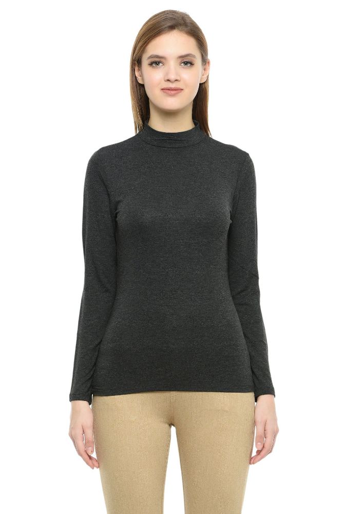 Picture of Frenchtrendz Cotton Spandex Charcoal Grey mock neck Full Sleeve Top