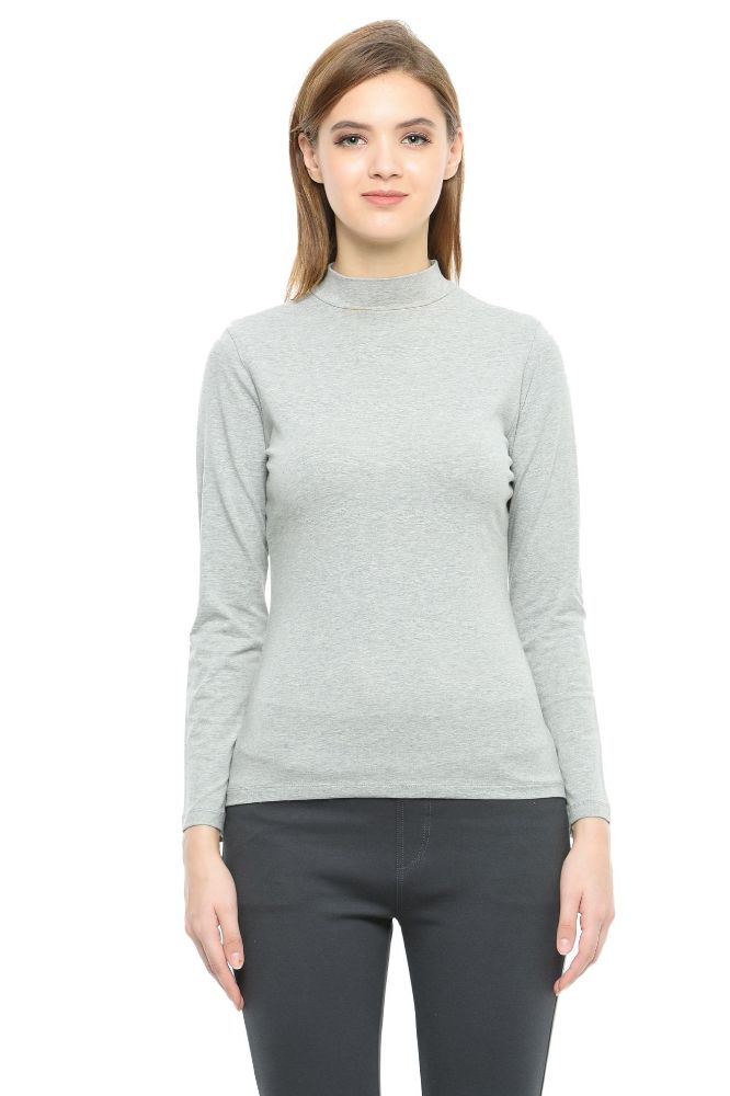 Picture of Frenchtrendz Cotton Spandex Light Grey mock neck Full Sleeve Top