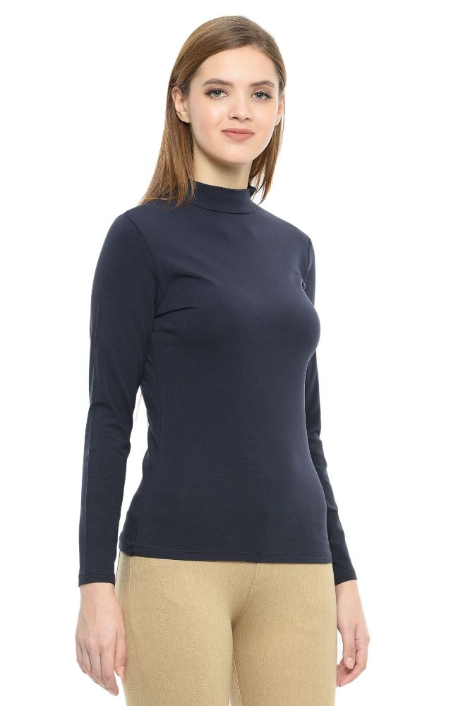Picture of Frenchtrendz Cotton Spandex Navy-Blue mock neck Full Sleeve Top