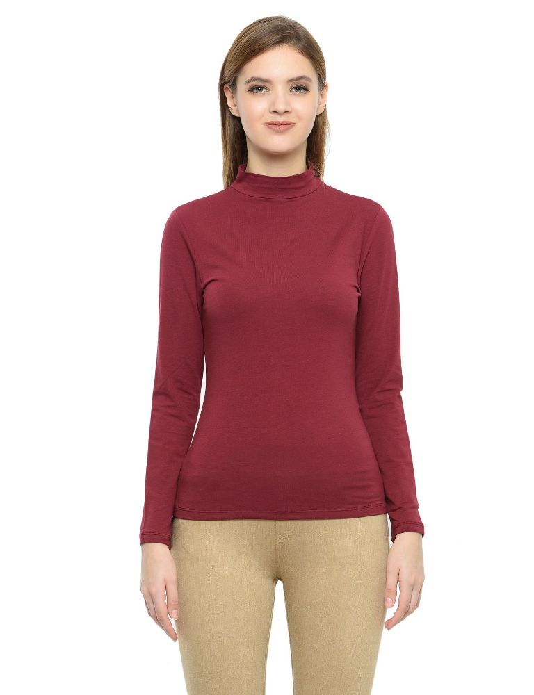 Picture of Frenchtrendz Cotton Spandex Light Maroon mock neck Full Sleeve Top