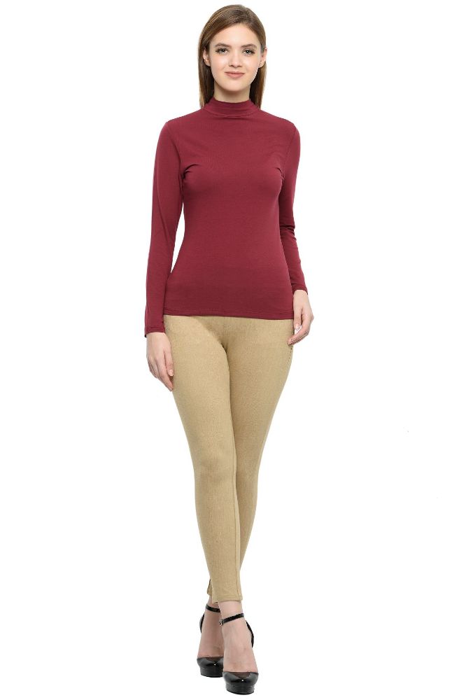 Picture of Frenchtrendz Cotton Spandex Light Maroon mock neck Full Sleeve Top
