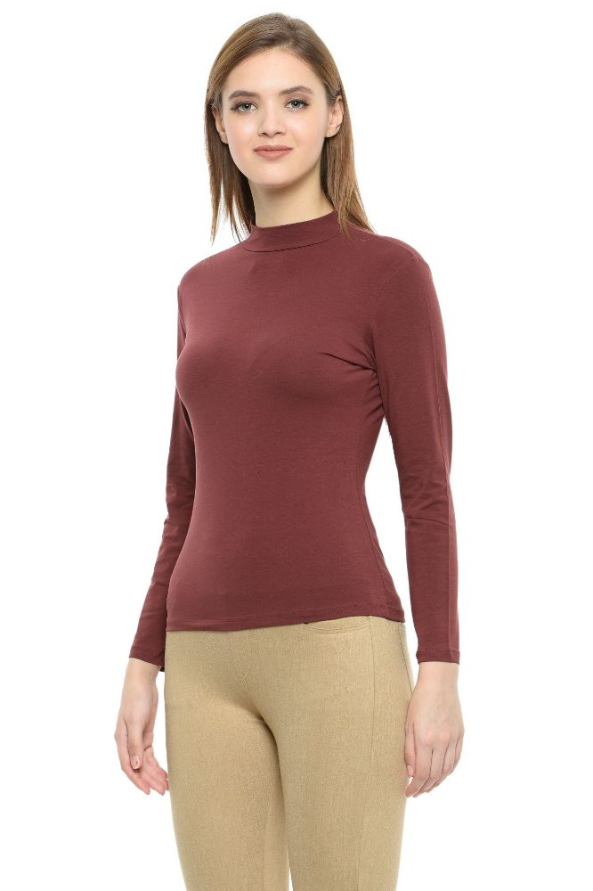 Picture of Frenchtrendz Cotton Spandex Brown mock neck Full Sleeve Top