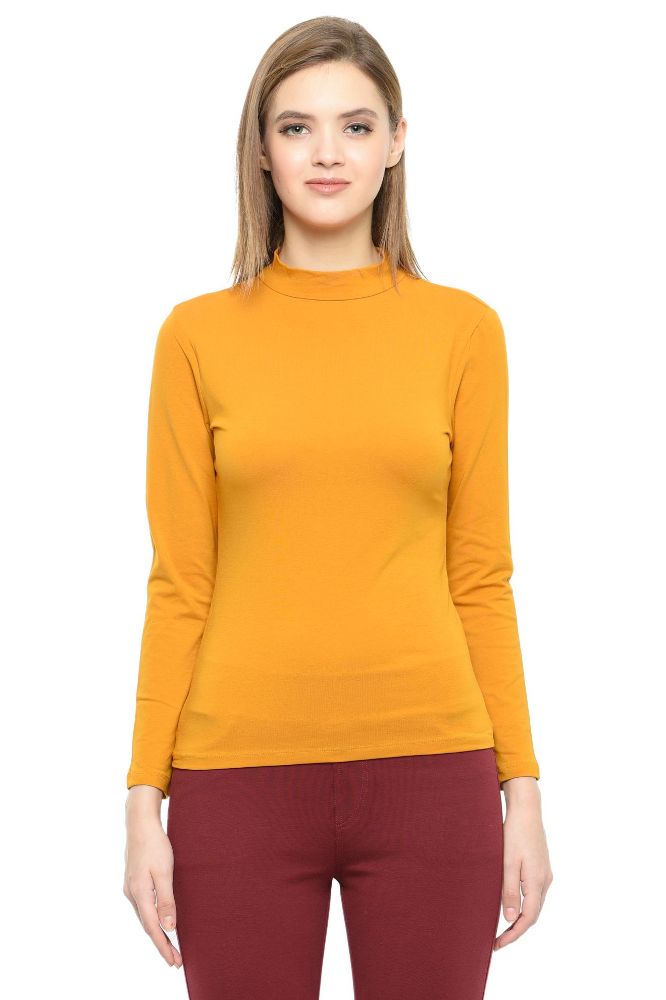 Picture of Frenchtrendz Cotton Spandex Mustard Yellow mock neck Full Sleeve Top