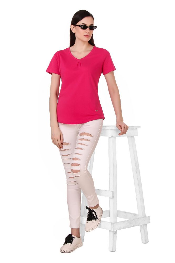 Picture of Frenchtrendz 100% Cotton Pink V-Neck Inverted Pleat Half Sleeve Medium Length Top